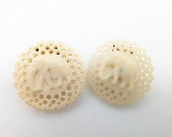 Art Deco Carved Celluloid Elephant Clip on Earrings