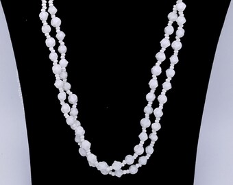 Signed Miriam Haskell Double Strand White Milk Glass Beaded Necklace - 35.5"