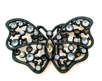 Vintage Rhinestone Butterfly Belt Buckle, Gunmetal Gray