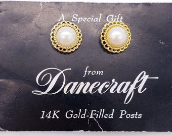 Faux Pearl Stud Earrings With 14K Gold Filled Posts Signed Danecraft