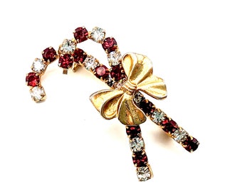 Vintage Gold Tone & Rhinestone Candy Cane Brooch With Bow