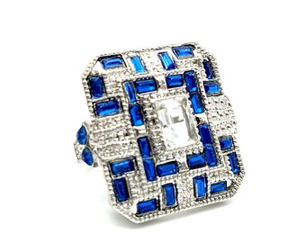 Vintage Silver Plated Blue Crystal Art Deco Style Statement Ring - Size 7.5