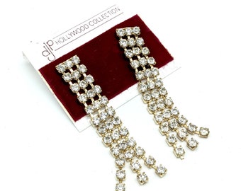 Old Stock Gold Tone & Rhinestone Dangle Prom / Wedding Earrings - 3"