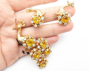 Vintage Citrine Rhinestone Peacock Brooch & Clip Earrings Set
