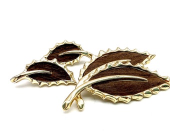Vintage Signed Sarah Coventry Gold & Brown Double Leaf Earrings and Brooch Set