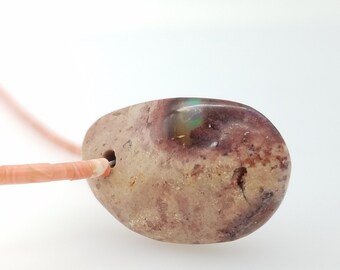 Mexican Matrix Fire Opal Agate Pendant on a Pink Coral Bead Necklace - 23"