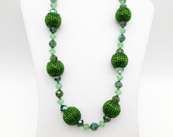 Vintage Trifari Wiener Werkstätte Style Green Beaded Ball Necklace - 29"