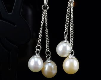 Pink & White Cultured Freshwater Double Pearl and Sterling Silver Dangle Earrings