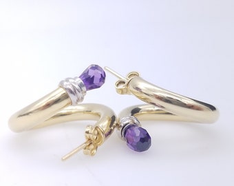 Vintage 14K Gold & Amethyst Hoop Earrings