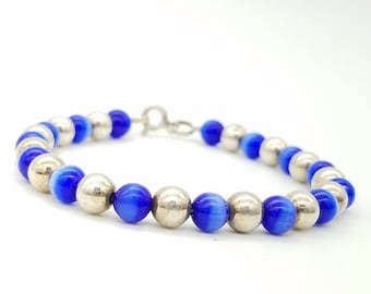 Blue Cat's Eye & Sterling Silver Bead Bracelet - 7"