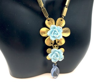 Blue Porcelain Rose Flower & Brass Pendant Necklace