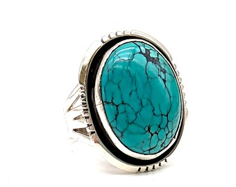 Vintage Navajo Sterling Silver & Turquoise Solitaire Ring Signed GM (Gerald Mitchell) - Size 8