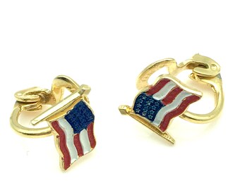 Dainty Vintage Red, White & Blue Patriotic American Flag Clip Earrings