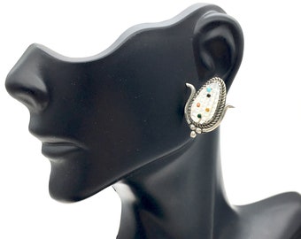 Sterling Silver Zuni Carved Mother of Pearl Corn Ear Earrings Signed TE Bowekaty