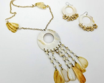 Boho Carved Shell Y  Pendant Necklace & Matching Earrings - 1970's