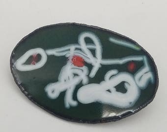 Vintage Handmade Copper Enamel Abstract Brooch in Green, White & Red Swirls