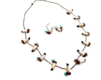 Vintage Zuni Duck Fetish Necklace & Earrings Set, Turqouise, Cowrie Shell, Sterling Silver