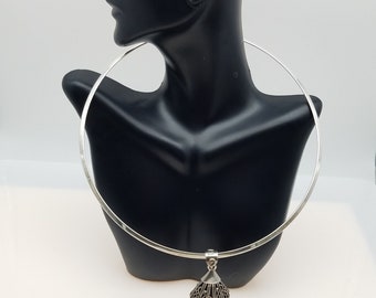 Vintage Sterling Silver Collar Choker Necklace With Smoky Quartz Pendant
