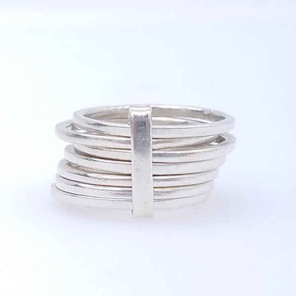 Vintage Set of 7 Connected Sterling Silver Stacking Rings - Size 6.75, Total Width of 10mm