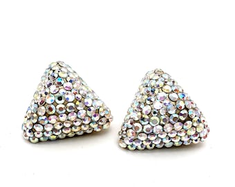 Signed Richard Kerr Pave Aurora Borealis Crystal Triangle Clip Earrings - 1 1/8"
