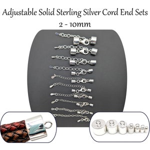 Solid Sterling Silver Adjustable Cord End Cap Sets: 2mm, 2.5mm, 3mm, 3.5mm 4mm, 4.5mm, 5mm, 6mm 8mm, 10mm Internal Diameter For Leather