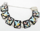 Signed Toshikane Hand-Painted Porcelain Bluebirds Butterflies Bracelet in Sterling Silver, 7 panels - 7.25 quot