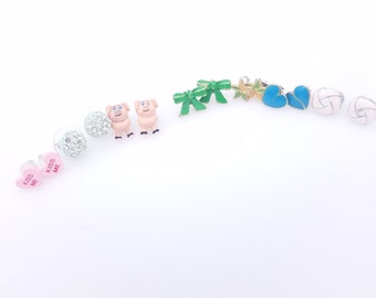 7 Pairs of Vintage Enamel Stud Earrings Including Pigs, Hearts, Flowers & Bows