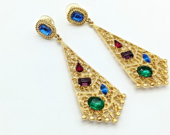 Old Stock Gold Tone & Colorful Rhinestone Fan Dangle Earrings - 3.5"