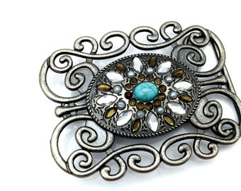 Vintage Gunmetal Gray, Faux Turquoise & Rhinestone Ladies Belt Buckle