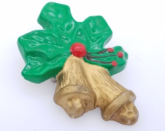 Vintage Red, Green & Gold Painted Ceramic Christmas Bells Brooch With Holly