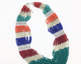 Vintage Multi-Strand Beaded Necklace in Orange, Blue, Red & Green