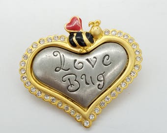 Vintage Rhinestone, Enamel & Dual Tone Silver and Gold Valentine's Love Bug Brooch Signed AJMC