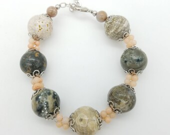 Natural Stone & Pink Quartz Beaded Bracelet - 7.5  9.5" Adjustable