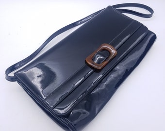 Signed Crown Lewis Black Patent Leather Handbag / Clutch with Faux Tortoiseshell Accent