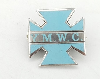 Antique Y.M.W.C. Sterling Silver & Blue Enamel Maltese Cross Pin Signed Thade Sterling