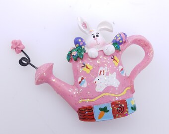 Vintage Resin Easter Bunny & Watering Can Brooch