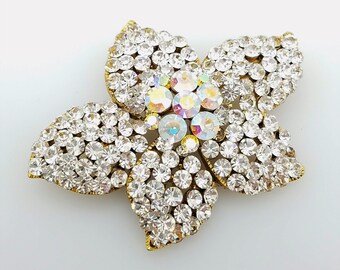 Stunning Vintage White & AB Rhinestone Encrusted Flower Brooch