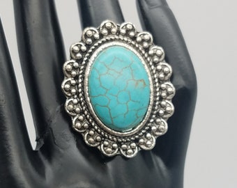 Adjustable Vintage Silver Plated & Faux Turquoise Statement Ring