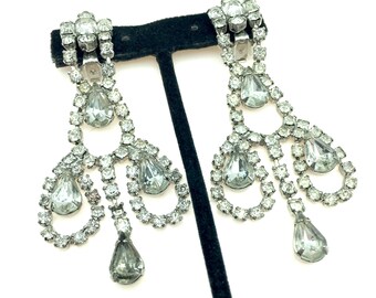 Vintage Wide Silver Tone & Rhinestone Dangle Prom / Wedding Earrings