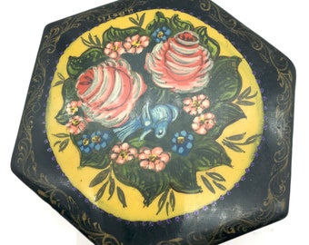 Vintage Black Lacquer Painted Wood Trinket Box