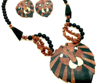 Vintage Lee Sands Lion Head Inlay Necklace & Earring Set