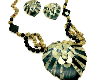 Vintage Lee Sands Lion Head Inlay Necklace & Earring Set