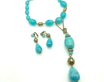 Marbled Blue Lucite Bead Choker Necklace & Earrings Set