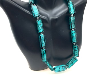 Vintage Turquoise Blue-Green & Black Art Glass Beaded Necklace - 17"