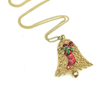 Vintage Gold, Red & Green Enamel Christmas Bell Necklace - 18"
