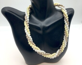 Vintage Triple Strand Avon Yellow, White & Ivory Faux Pearl Choker Necklace - 15.5-18.5" Adjustable