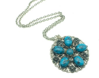 Vintage Filigree Faux Turquoise Flower Pendant Necklace - 24"