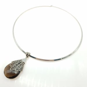 Vintage Sterling Silver Collar Choker Necklace With Smoky Quartz Pendant