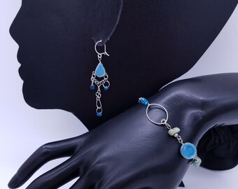 Vintage Blue Glass & Silvertone Earring and Bracelet Set