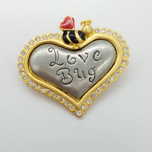 Vintage Rhinestone, Enamel & Dual Tone Silver and Gold Valentine's Love Bug Brooch Signed AJMC